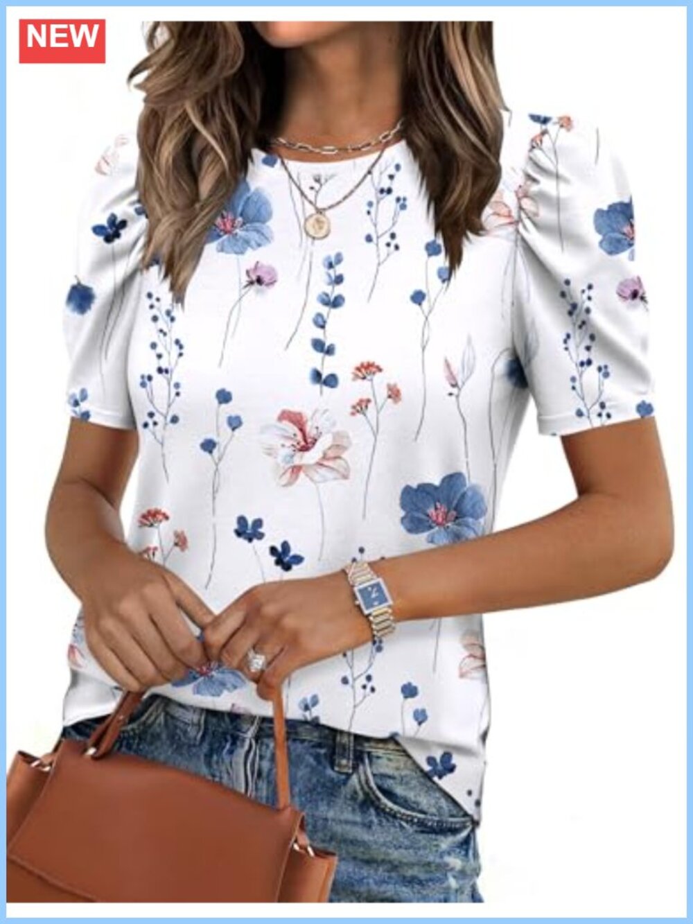 Zeagoo Womens Puff Sleeve Floral Boho Tunic Blouse Crew Neck